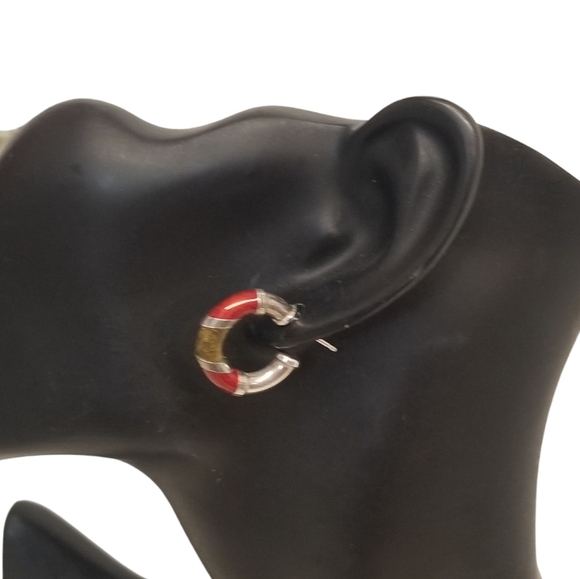 ALF SIGNED VINTAGE STERLING SILVER & MARBLED ENAMEL HUGGIE HOOP EARRINGS - Picture 1 of 4